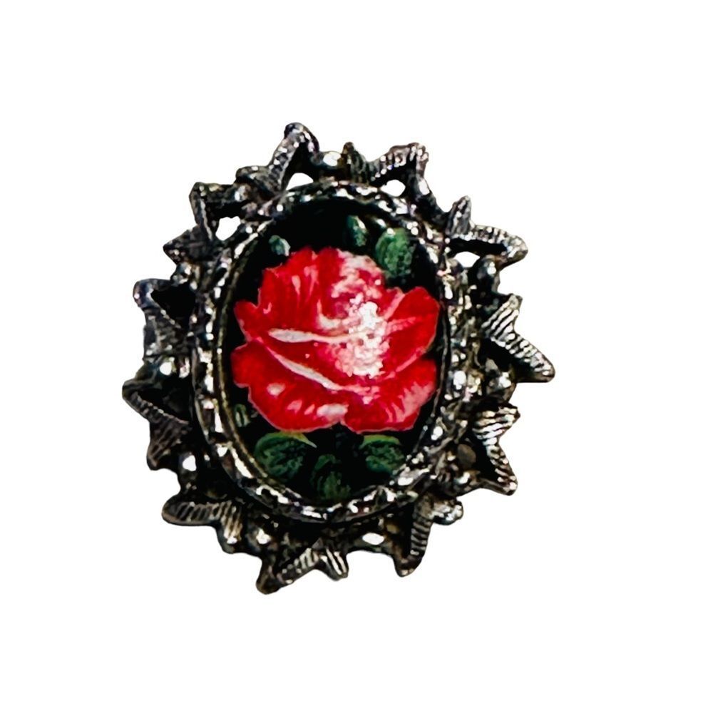Vintage Hand Painted Red Rose Gothic Brooch